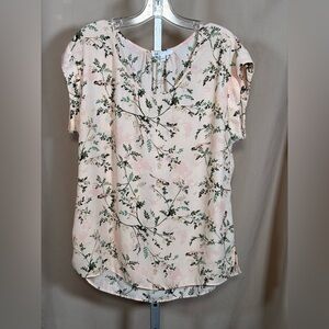 DR2 Pink Floral Bird Print Short Sleeve Blouse Large Boho Cottagecore Romantic